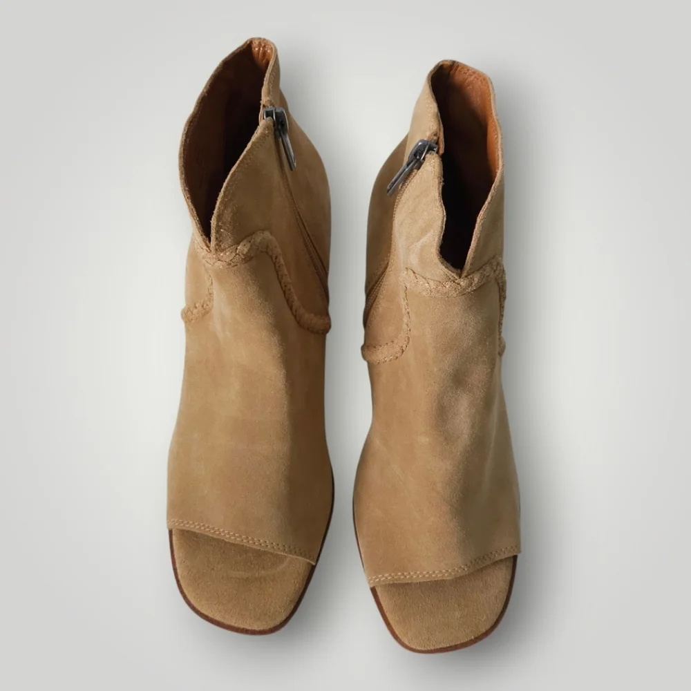 Lucky Brand LK Lureli Suede Peep Toe Wedge Booties Womens 9M Tan Leather‎ Ankle